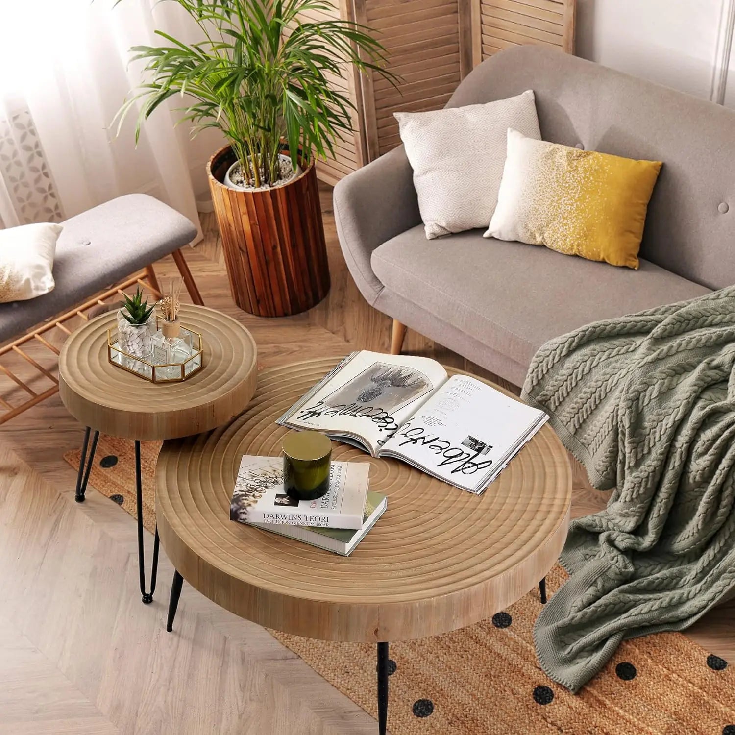 Modern Circle Natural Wood Finish Side and End Table Sets for Living Room - Boundless Selections